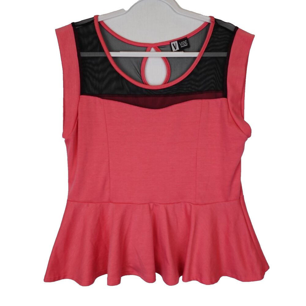 Peplum Blouse Women's Plus 3X Hot Pink Black Knit Mesh Pullover Night Out Flirty
